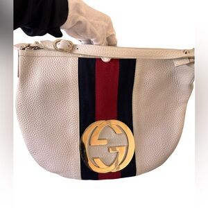 Gucci White Leather Shoulder Bag with White and Navy Web Stripe and Gold GG